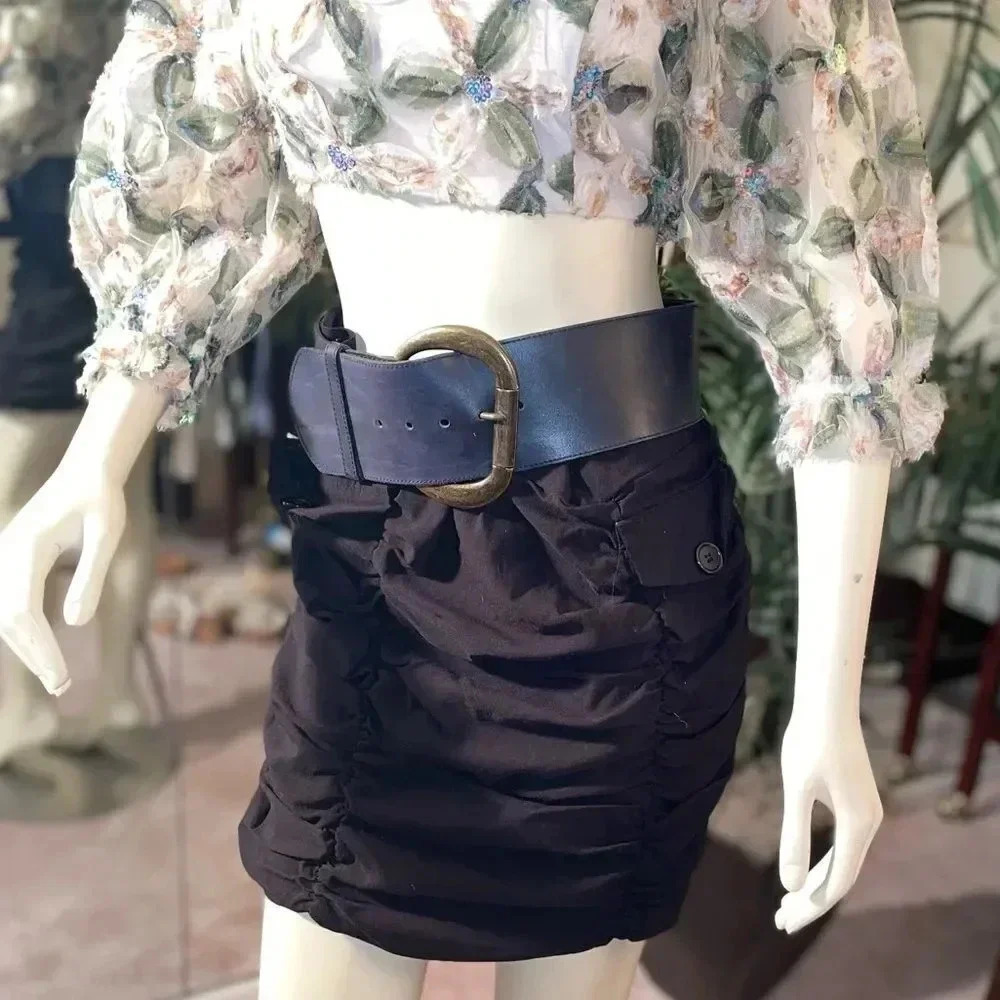 BLACK VALIA HIGH WAIST SHIRRED MINI SKIRT WITH FRONT FACING POCKETS 1x - Picture 10 of 15